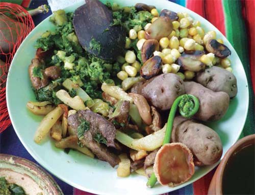 Plato finalista en un concurso de culinaria campesina en Calca, Cusco, organizado por el proyecto AGROECO: una combinación de alimentos nativos e introducidos de alto valor nutricional, tanto cultivados (papa, haba, maíz) como malezas (atacco u hojas de Amaranthus) y silvestres (hongos y helechos). Autor